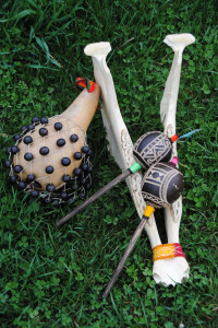 Rattles made from gourds, seeds, feathers and a donkey's jawbone